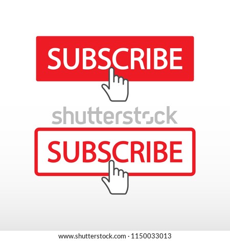 Subscribe on channel. Red button sign in social media with hand cursor. Vector illustration.