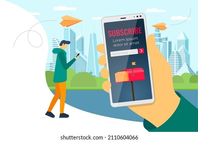 Subscribe on newsletter online service mobile app design template. E-mail subscription form on smartphone screen. Paper planes with message, mail and news fly to phone. Vector eps man mailing