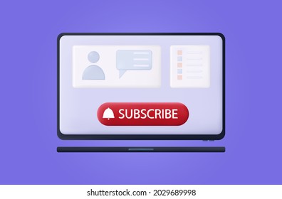 Abonnieren Sie online 3d. Registrierung oder Verbindung per E-Mail auf einem Laptop. Nehmen Sie an einem Chat teil oder sehen Sie sich einen Blog an. Mitgliedschaft mit Werbung und Kommentaren. Klicken Sie auf die Glocke oder tippen Sie auf die Glocke. Vektorgrafik 