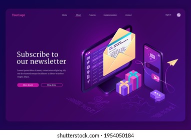 Subscribe to our newsletter banner. Email news subscription, electronic messages with gift and sale. Vector landing page with isometric letter envelope on computer screen and smartphone