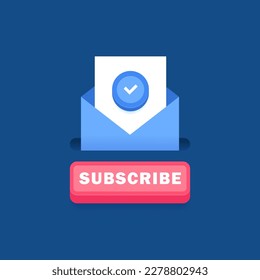 Subscribe to our newsletter. Concept of subscription to newsletter, news, promotions, offers. Letter in envelope with subscription button. Vector illustration.