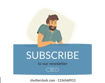Subscribe to our newsletter. Flat vector illustration of smiling friendly man sitting on banner and suggesting email subscription for news and promo offers. Modern design for website and landing page
