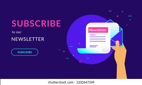 Subscribe to our newsletter flat vector neon illustration for web banner with text and button. Human hand holds newsletter flying out the open envelope on violet background