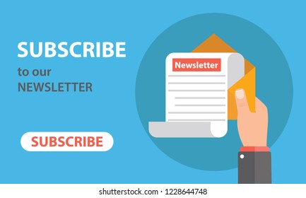 Subscribe to our newsletter flat vector neon illustration for web banner with text and button. Human hand holds newsletter flying out the open envelope on blue background.