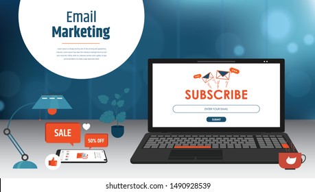 Subscribe to our newsletter flat vector neon illustration for ui ux web design with text and button. Isometric laptop with newsletter in open envelope on blue background 