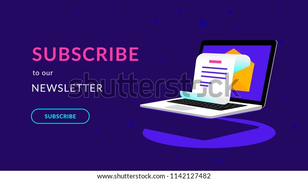 Subscribe to our newsletter flat vector neon\
illustration for ui ux web design with text and button. Isometric\
laptop with newsletter in open envelope on violet background and\
shadow under\
notebook