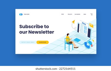 Subscribe To Our Newsletter Hero Banner Design With Young Man Character Watching News On Laptop.