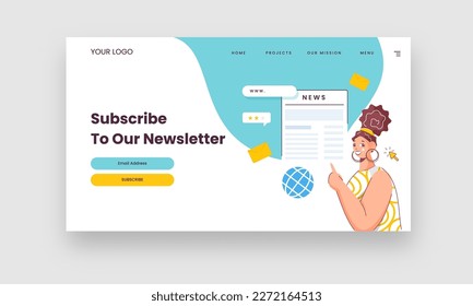 Subscribe To Our Newsletter Hero Banner With Young Woman Character.