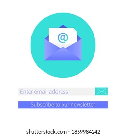 Subscribe to our newsletter square web banner template. Opened envelope with new letter. Mail marketing, correspondence service delivery registration banner
