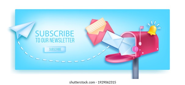 Subscribe to our newsletter vector 3D banner, open mailbox, paper airplane, notification bell, envelopes. Internet marketing, online business web page concept, button. Subscribe newsletter background