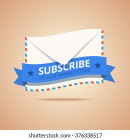 Subscribe to our newsletter vector illustration. Envelope icon with decorative ribbon and text. 