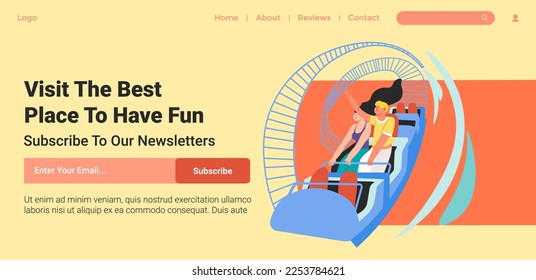 Suscríbase a nuestro boletín y visite el mejor lugar para divertirse. Montañas y actividades recreativas, parque de atracciones o ferias. Plantilla de página de inicio del sitio web, página de Internet en línea. Vector de estilo plano