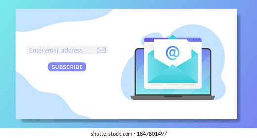 Subscribe to our newsletter web banner template. Laptop with opened browser page and envelope with new letter. Mail marketing, correspondence service delivery registration banner