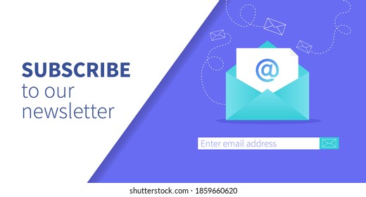 Subscribe to our newsletter web banner template. Opened envelope with new letter. Mail marketing, correspondence service delivery registration banner svg