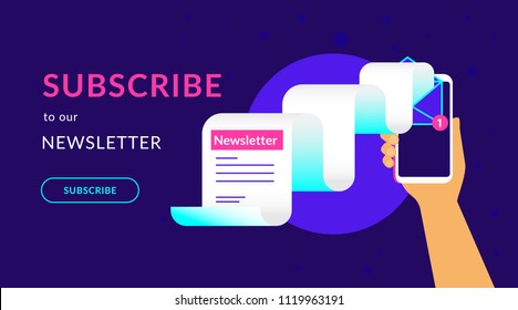 Subscribe to our weekly newsletter flat vector neon illustration for ui ux web design with text and button. Human hand holds smartphone with newsletter flying out the screen on violet background