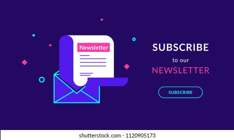 Subscribe to our weekly newsletter flat vector neon illustration for ui ux web design with text and button. Newsletter template in open envelope on violet background and bright symbols around