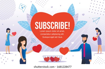 Subscribe Promotion in Red Heart for New Followers. Happy Friendly Smiling Man and Woman People Characters Giving Likes, Respect to Blogger in Social Media Metaphor. Marketing, SMM, CEO, Business
