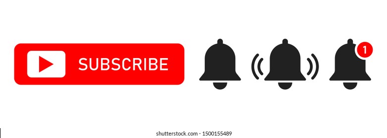 Subscribe red button abd notification bells isolated symbols. Smartphone social media interface. Message bell icon. EPS 10