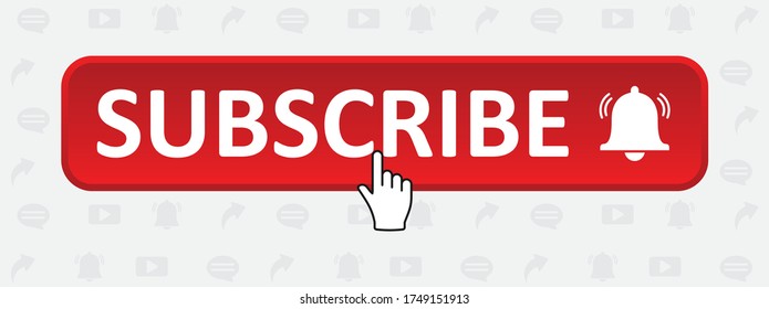 Subscribe Red Button, Button With Hand Cursor And Bell. Subscribe Social Media Concept, Subscribe To Youtube Channel, Vector Icon Illustration.