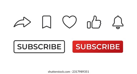 Suscríbete al botón rojo, timbre de notificación, icono compartido, corazón y similares. Iconos lineales. Gráficos escalables para vectores