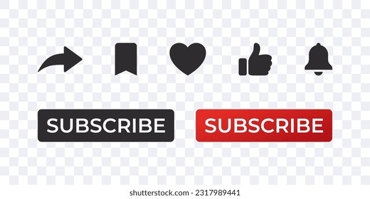 Subscribe red button, notification bell, share icon, heart and like. Vector scalable graphics