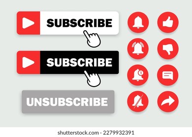 Subscribe set button with hand cursor. Subscription to the social media like video channel, blog and newsletter. Vector design.