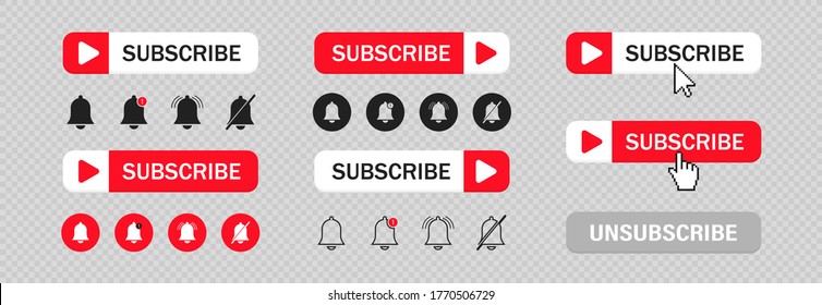 Subscribe set button for social media.  Video play and notification icons.  Flat subscribe for concept web design. Isolated vector illustration.