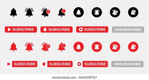 Subscribe set button for social media and notification icons. Flat subscribe design. Isolated vector illustration.