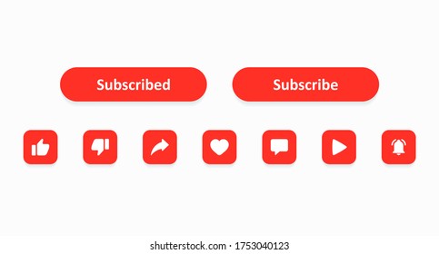 Subscribe set buttons. A set of red buttons for a video blog, stream, channel, or news blog drawn in a flat style. User interface. Vector illustration