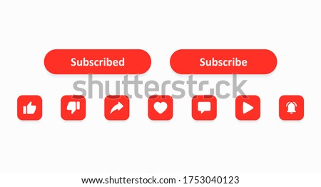 Subscribe set buttons. A set of red buttons for a video blog, stream, channel, or news blog drawn in a flat style. User interface. Vector illustration