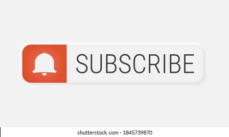 Subscribe. Small red subscription bell icon. Bright white gradient vector button. Neumorphic soft 3d effect. Social media, video channel illustration