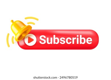 Subscribe social media channel. 3d vector illustration with button and notification bell 