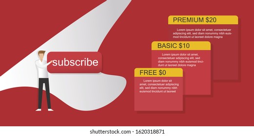  subscribe and Subscription business concept.man pointed his finger at Subscribe button,Subscription package and price table.vector illustration