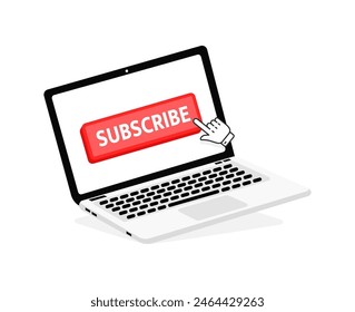 Subscribe text on Laptop screen with a red button . Button with pointer clicking. Finger Pressing