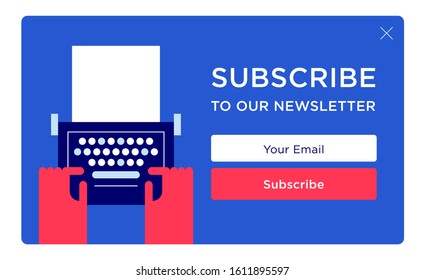 The subscribe UI UX web form with inputs and button. Web page design. The old styled vintage typewriter. Flat design vector illustration. It is possible to add any text on to the paper. 
