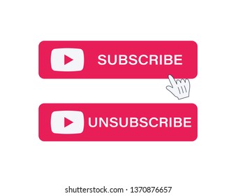 Subscribe and Unsubscribe button. Red button sign in social media and hand cursor with shadow. Vector illustration. Web element ui.