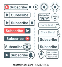 Subscribe for updates button set. Combination of buttons and cursor pointer icons. Use it for join a video channel label.