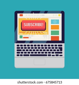 Suscribirse al vector concepto de canal de vídeo en diseño plano. Resumen de la interfaz de servicio de transmisión de video en línea con video frame y enorme botón de 'Suscribirse' en ella. Blogueo de medios sociales y distribución de videos