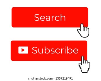 Subscribe videos channel button icon. Internet web search engine vacation. Vector illustration, hand cursor, Web element ui. Set. Vector illustration