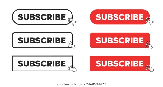 Subscribe Web Button in Red Rectangle and outline style. Computer mouse click cursor or arrow pointer symbol