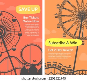 Suscríbase y gane, ahorre y disfrute de grandes descuentos y ventas en boletos de parque de diversiones. Tasa de admisión, compra la entrada en línea en la web, acceso de 2 días a las atracciones y entretenimiento. Vector de estilo plano