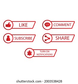 Subscriber button collection vector design. Red and white color subscriber button collection on a white background. Social media button elements with like, share, and comment sections.