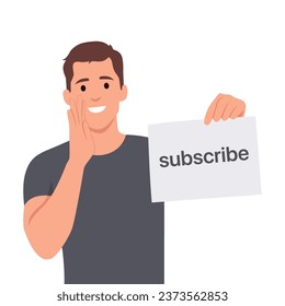 Subscriber concept illustration, man holds a subscribe button with a call to click. Flat vector illustration isolated on white background