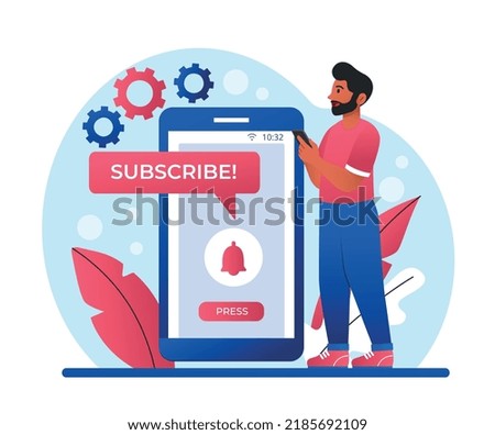 Subscriber with smartphone. Man adds channel or account he likes to his favorites. Social networks and video hosting follower, modern technology and digital world. Cartoon flat vector illustration