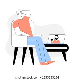 Subscriber watching education tutorial video of blogger. Man with laptop at home. Vector linear character illustration of blogging, vlogging, lets play gamer stream translation, podcast or broadcast