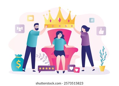 Subscribers or fans give golden crown for popular media blogger. Very important person in crown sitting on throne, high ranking. Successful social media influencer, followers give famous. flat vector