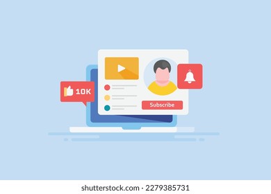 Subscribers joining social media video channel, Social media content getting likes and views - flat design vector illustration background with icons