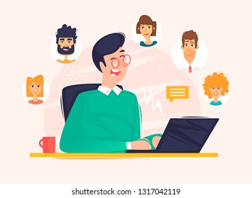 Subscribers, man communicates on the Internet. Flat design vector illustration.