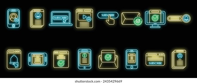 Abonnement-Symbole setzen Gliederungsvektor. Mitgliedschaft in Unternehmen. Neon isoliert mit Modellhülle