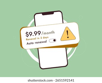 Verlängerungswarnung UI auf dem mobilen Bildschirm mit Planpreis und automatischer Verlängerungswarnung. Erinnerung an die Mitgliedschaft für den monatlichen Abrechnungszeitraum mit Stornierungsoption und Kreditkartenzahlung. Vektorgrafik